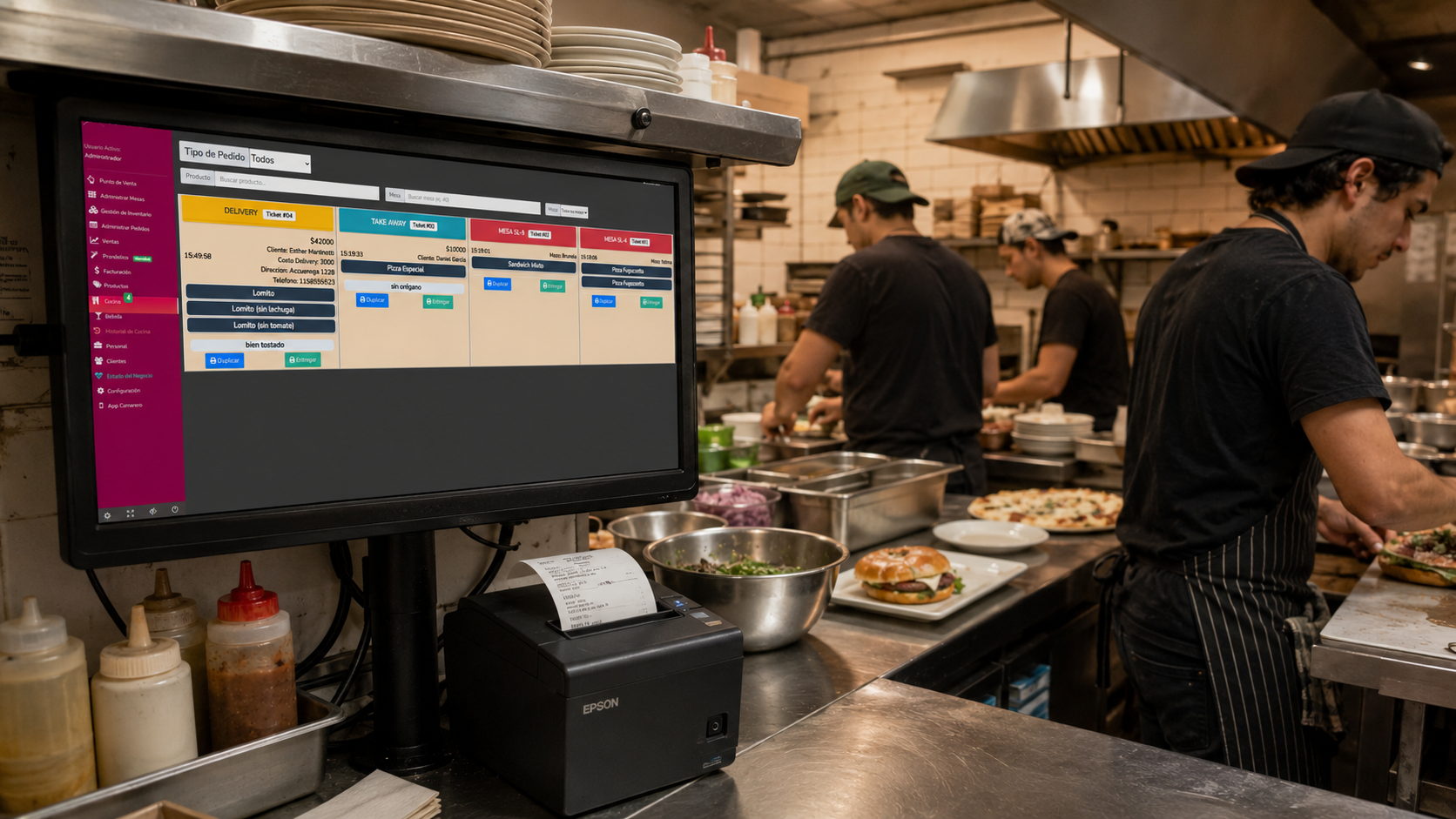 Pantalla de cocina mostrando los pedidos en tiempo real