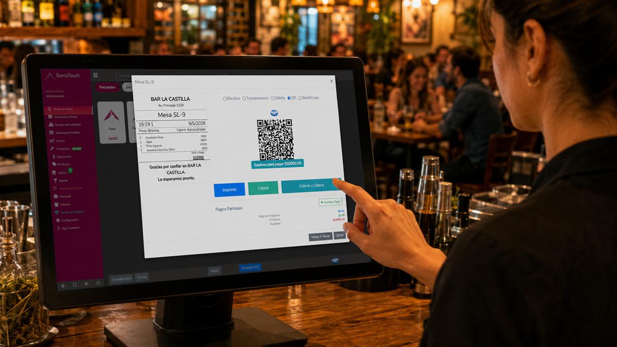 Pantalla del POS con QR de MercadoPago para cobrar