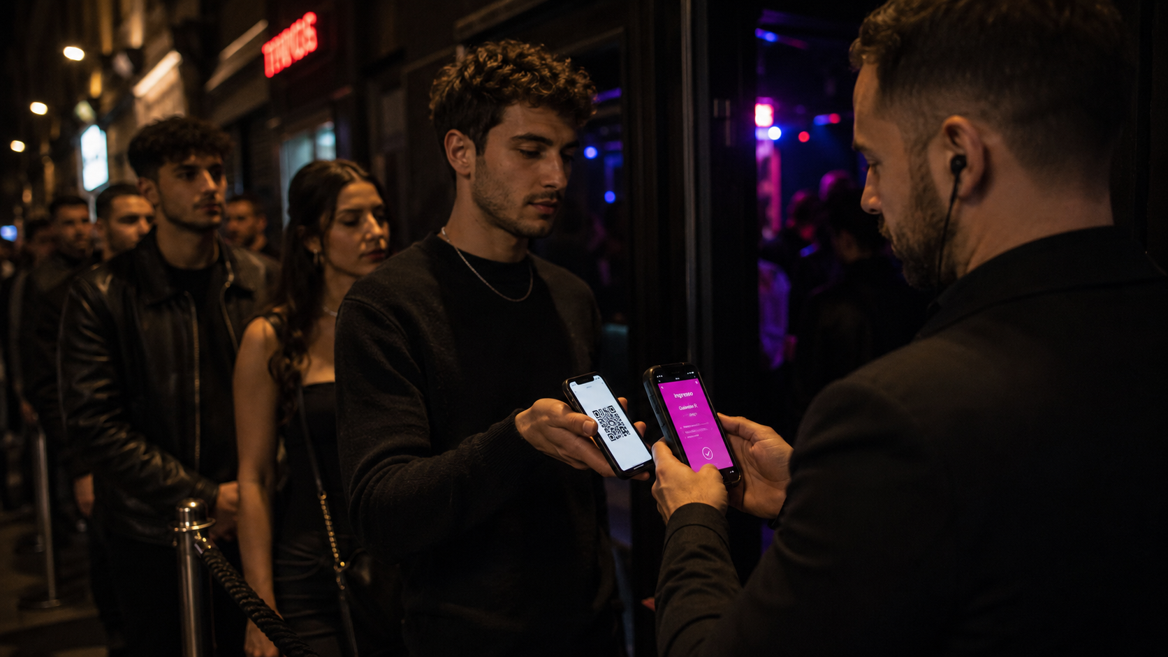 Persona mostrando su QR de ingreso en la puerta de un evento